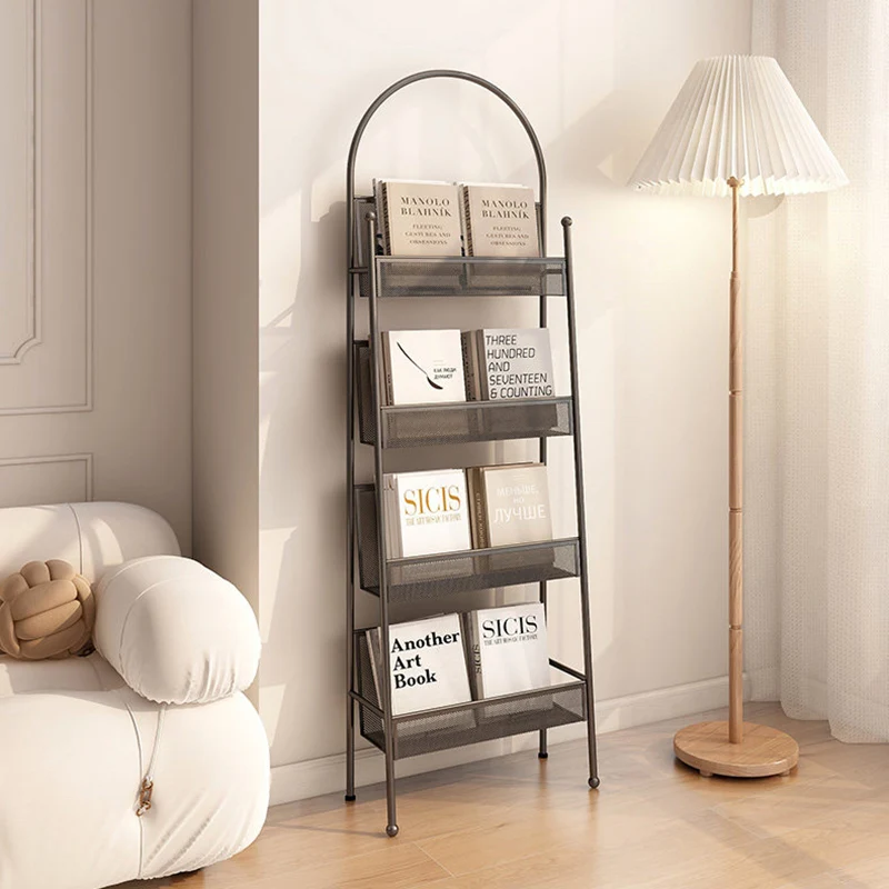 Contemporary Industrial Carbon Steel Hollow Arched Floor-Standing Bookshelf 4-Layer For Study
