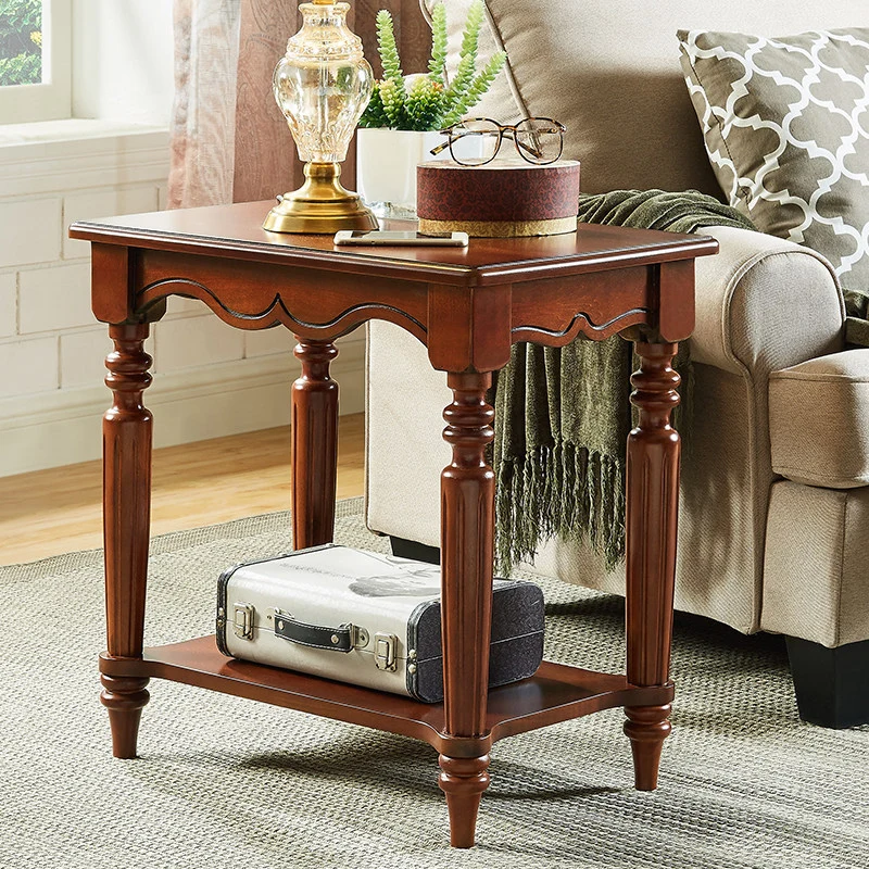 Traditional Chinese Carved Wavy Edge Rectangular MDF Rubberwood End Table 2-Tier For Living Room