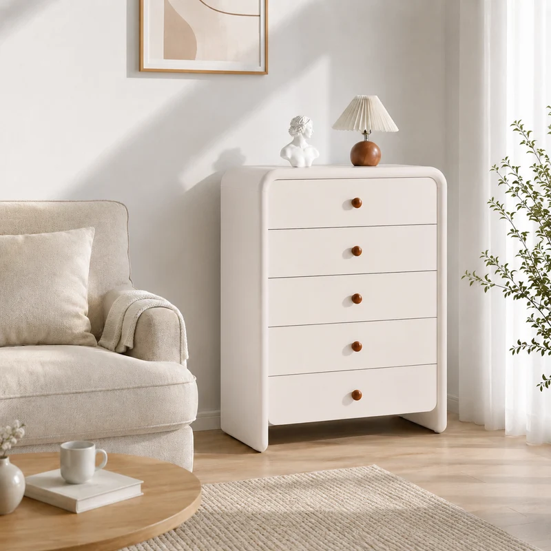 Vertical Cream MDF Tall Chest - Large Capacity Partitioned 5-Drawer Storage Cabinet For Living Room & Bedroom
