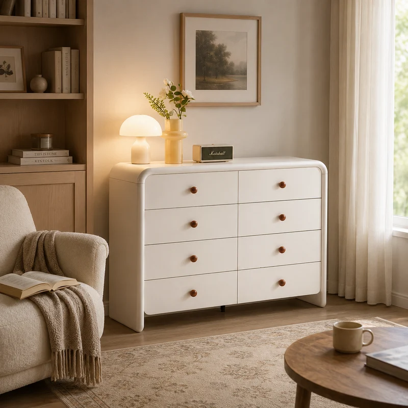 Cream Nordic 8-Drawer Dresser - Curved Edge Cream MDF Large Capacity Storage Cabinet For Bedroom