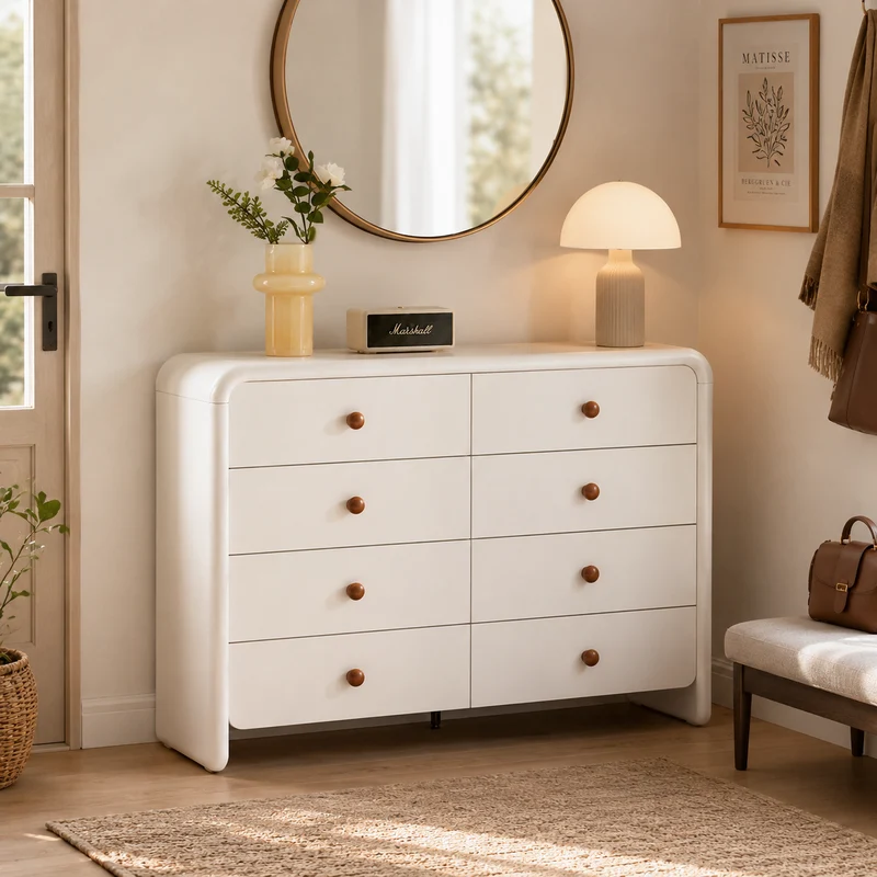 Cream Nordic 8-Drawer Dresser - Curved Edge Cream MDF Large Capacity Storage Cabinet For Bedroom