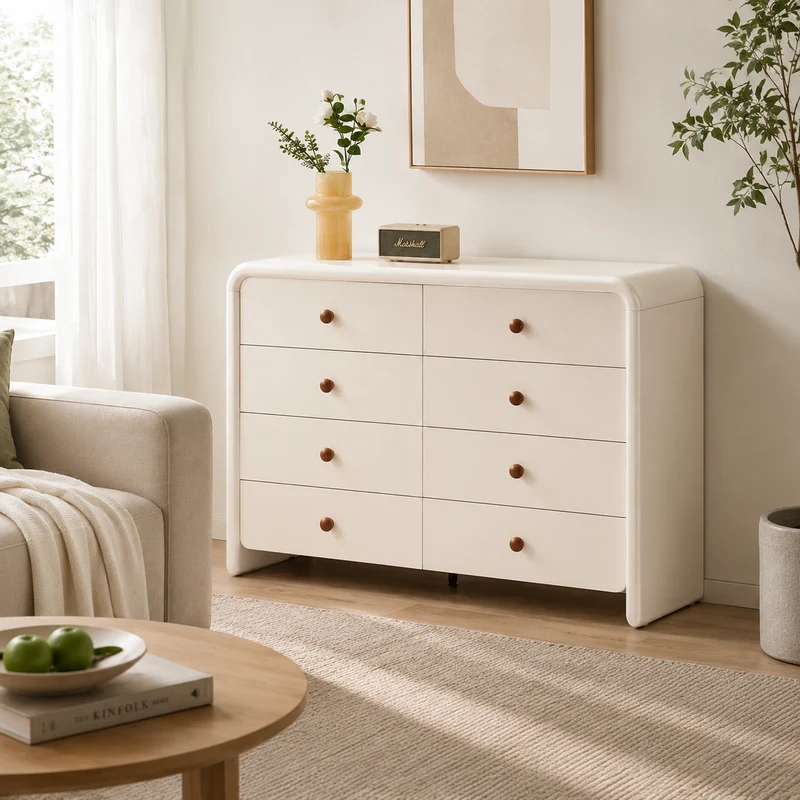 Cream Nordic 8-Drawer Dresser - Curved Edge Cream MDF Large Capacity Storage Cabinet For Bedroom