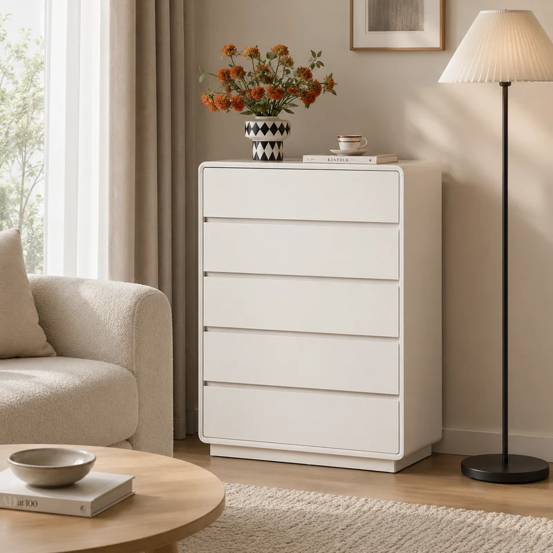 Slim Tall MDF Storage Dresser - Scandinavian 5-Drawer MDF Vertical Storage Cabinet For Bedroom