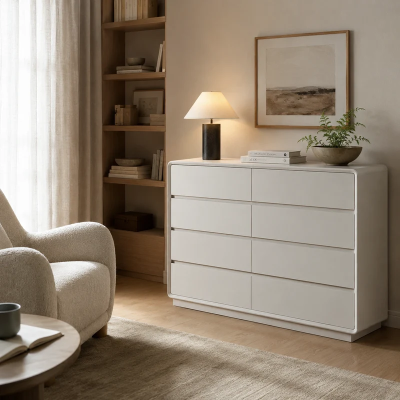 Scandinavian MDF 8-Drawer Wide Dresser - Hidden Pull Handles Storage Cabinet For Bedroom