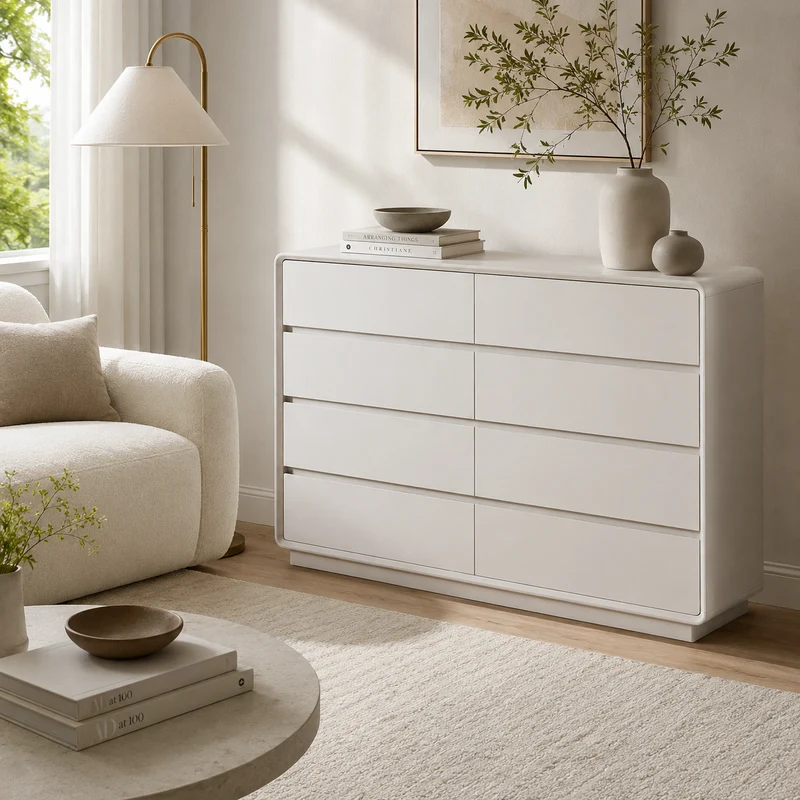 Scandinavian MDF 8-Drawer Wide Dresser - Hidden Pull Handles Storage Cabinet For Bedroom