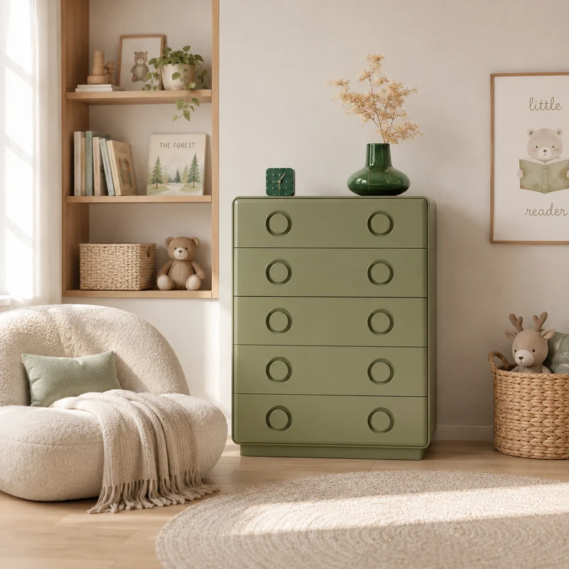 Modern Minimalist 5-Drawer Chest - Recessed Round Handle Storage Cabinet For Living Room & Bedroom