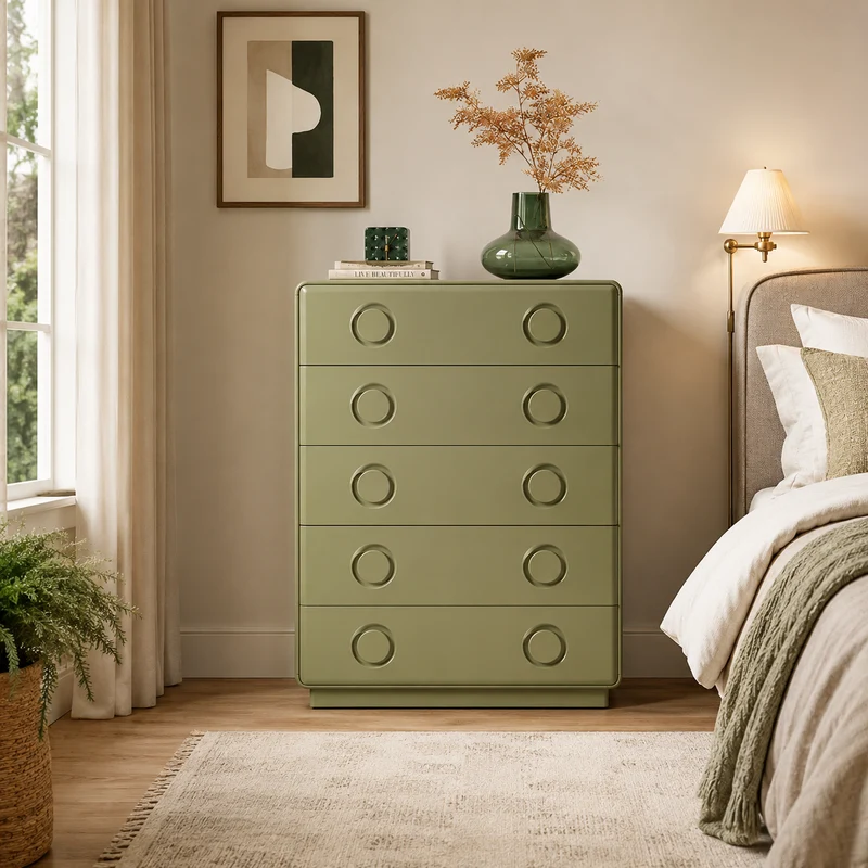 Modern Minimalist 5-Drawer Chest - Recessed Round Handle Storage Cabinet For Living Room & Bedroom
