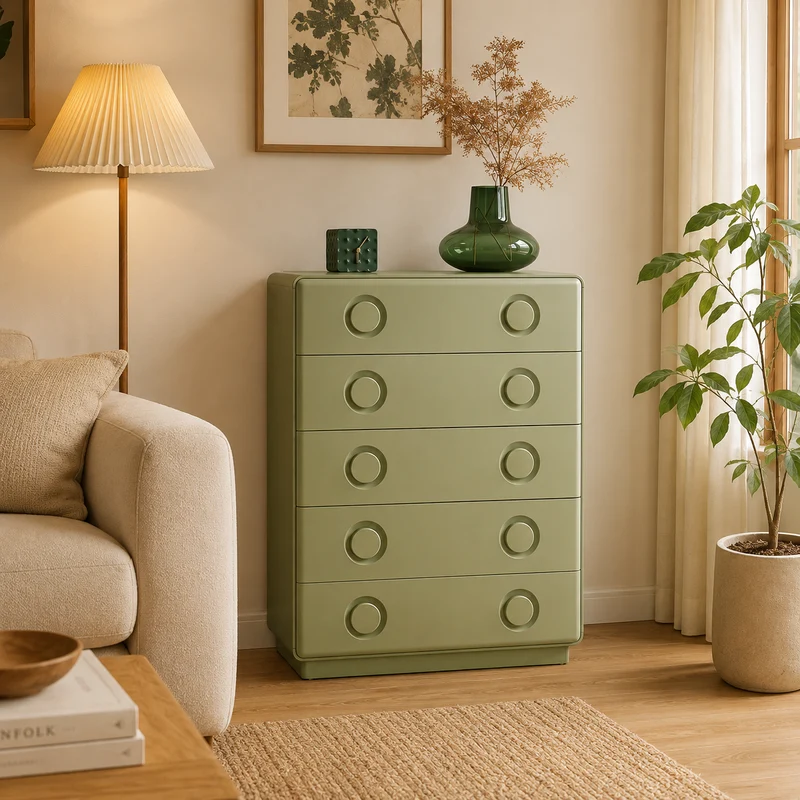 Modern Minimalist 5-Drawer Chest - Recessed Round Handle Storage Cabinet For Living Room & Bedroom