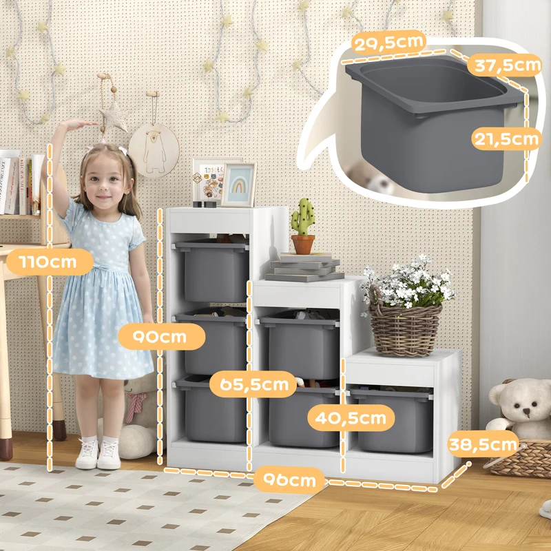 Meuble rangement jouets 3 niveaux 96 x 38.5 x 90 cm 6 bacs sécurité enfant style scandinave en panneau de particules gris 21_0000155