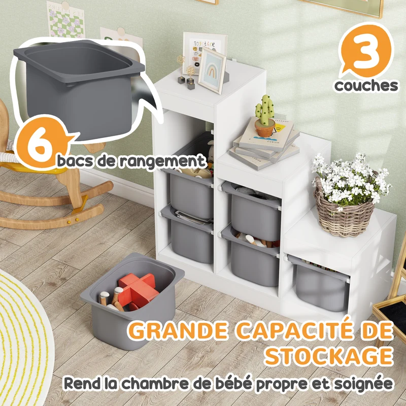 Meuble rangement jouets 3 niveaux 96 x 38.5 x 90 cm 6 bacs sécurité enfant style scandinave en panneau de particules gris 21_0000155