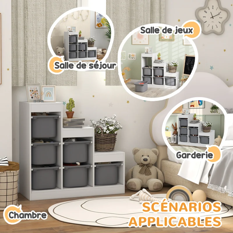 Meuble rangement jouets 3 niveaux 96 x 38.5 x 90 cm 6 bacs sécurité enfant style scandinave en panneau de particules gris 21_0000155