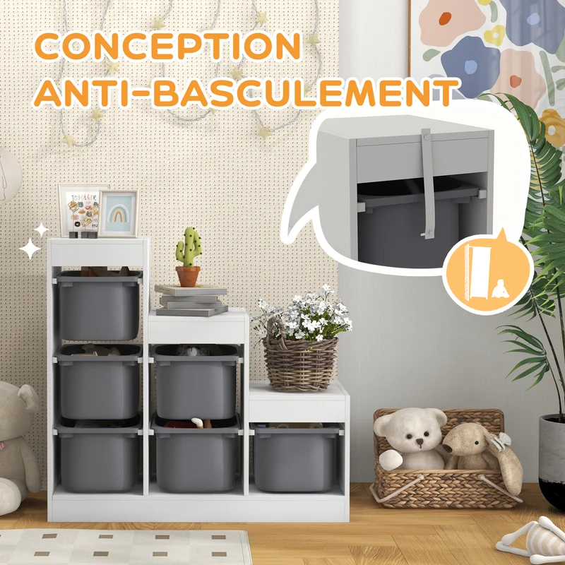 Meuble rangement jouets 3 niveaux 96 x 38.5 x 90 cm 6 bacs sécurité enfant style scandinave en panneau de particules gris 21_0000155