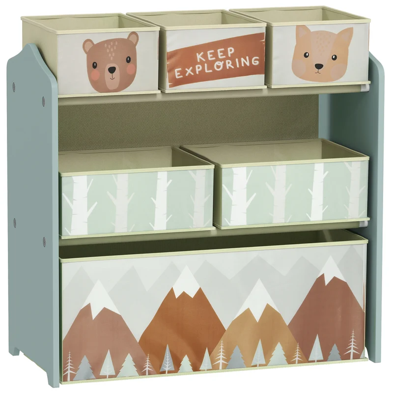 Meuble rangement enfant 63 x 30 x 66 cm 6 bacs amovibles rangement éducatif bords arrondis style scandinave en MDF vert 21_0000152