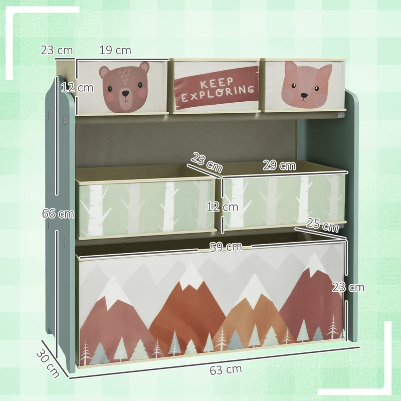 Meuble rangement enfant 63 x 30 x 66 cm 6 bacs amovibles rangement éducatif bords arrondis style scandinave en MDF vert 21_0000152