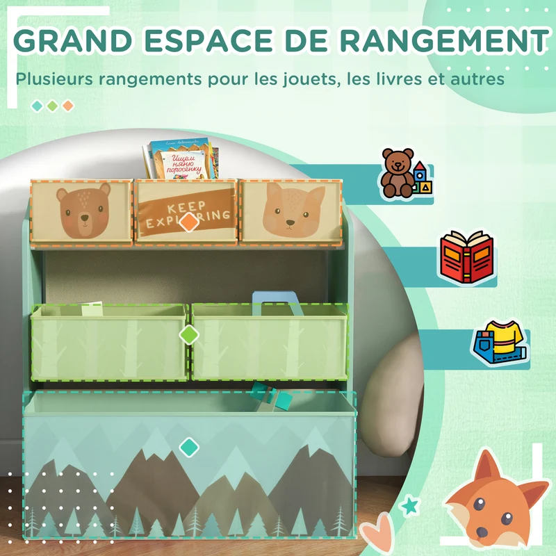 Meuble rangement enfant 63 x 30 x 66 cm 6 bacs amovibles rangement éducatif bords arrondis style scandinave en MDF vert 21_0000152