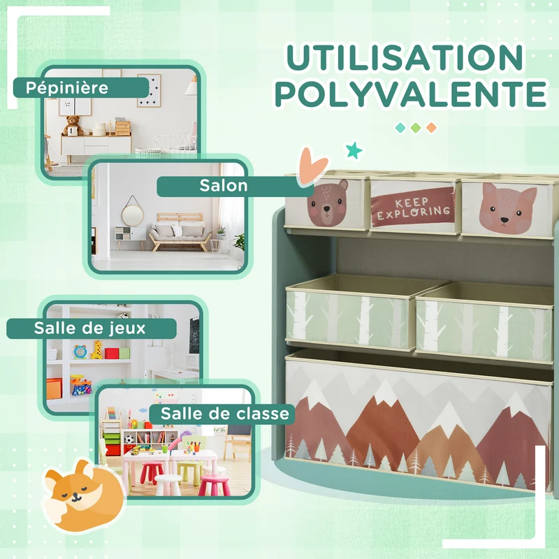 Meuble rangement enfant 63 x 30 x 66 cm 6 bacs amovibles rangement éducatif bords arrondis style scandinave en MDF vert 21_0000152
