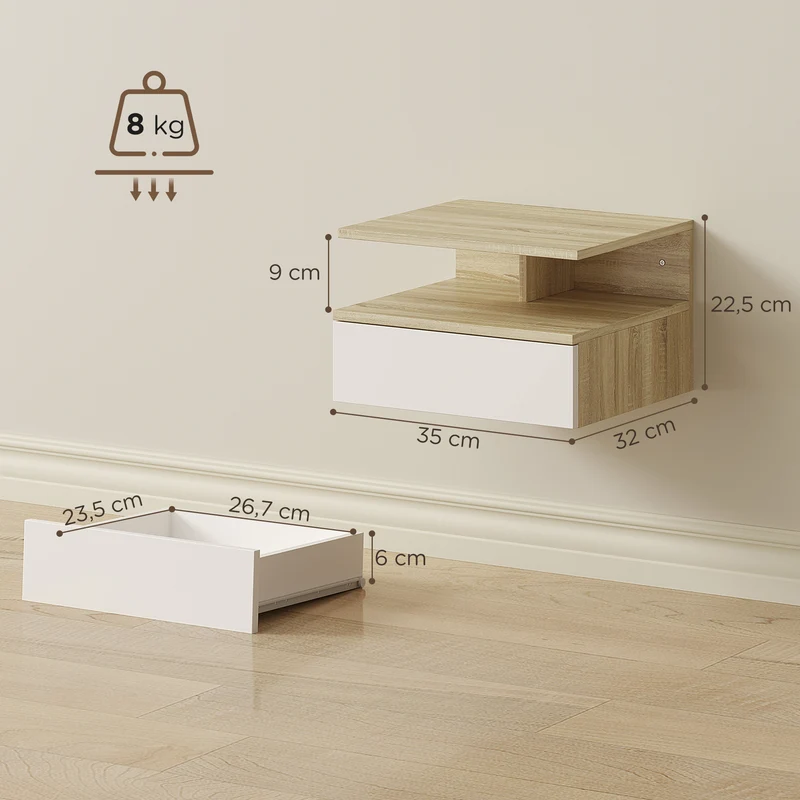 Lot de 2 tables de nuit murales 35 x 32 x 22,5 cm tiroir et étagère gain de place moderne chambre en mélamine blanc 21_0001458
