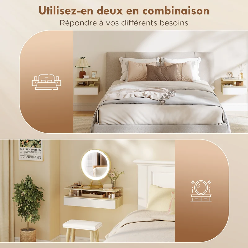 Lot de 2 tables de nuit murales 35 x 32 x 22,5 cm tiroir et étagère gain de place moderne chambre en mélamine blanc 21_0001458