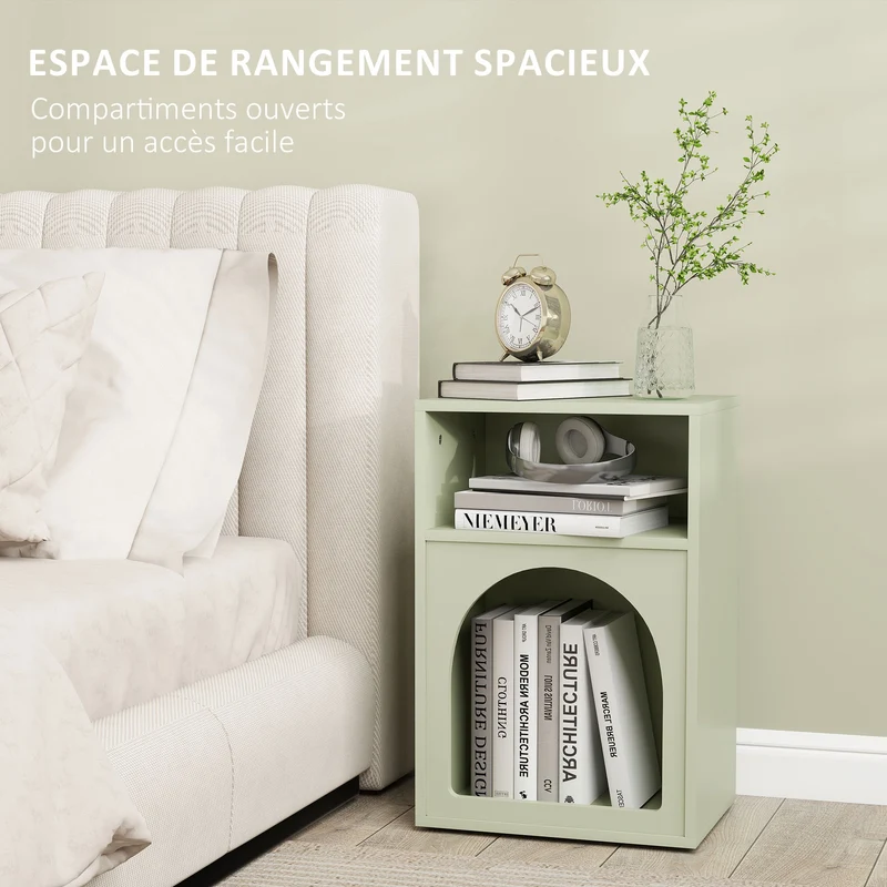 Lot de 2 tables de chevet design arqué 40 x 30 x 60 cm rangement optimisé compact style scandinave en MDF vert clair 21_0003736