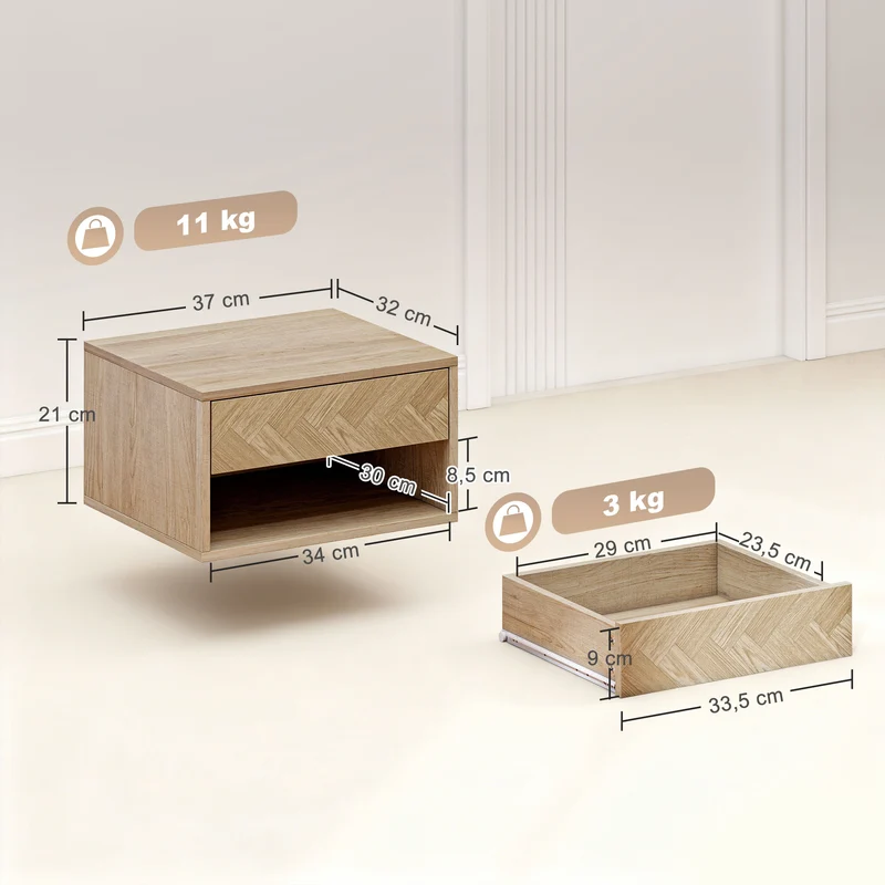 Lot de 2 tables de chevet 37 x 32 x 21 cm suspendues tiroir et étagère moderne en panneau de particules bois naturel 21_0001553