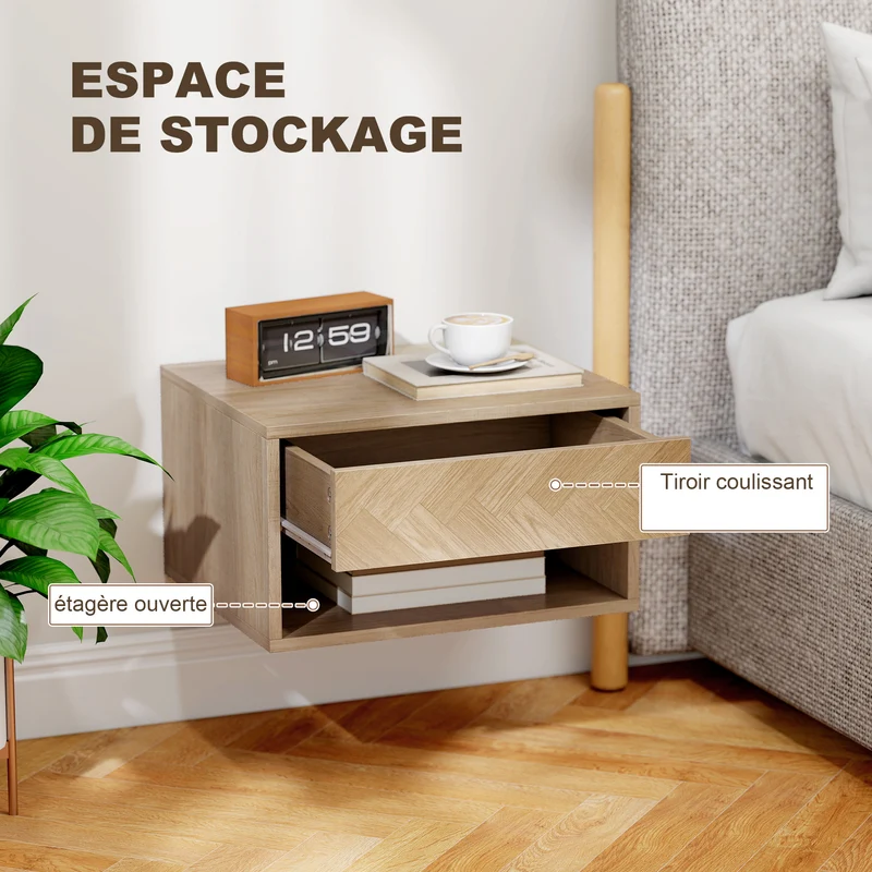 Lot de 2 tables de chevet 37 x 32 x 21 cm suspendues tiroir et étagère moderne en panneau de particules bois naturel 21_0001553