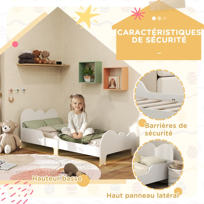 Lit enfant au sol 143.5 x 74.5 x 56 cm barrières de sécurité sommier à lattes inclus design nuage épuré en MDF blanc 21_0000250