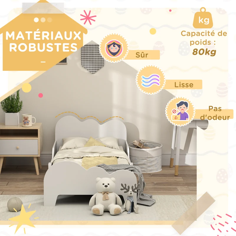Lit enfant au sol 143.5 x 74.5 x 56 cm barrières de sécurité sommier à lattes inclus design nuage épuré en MDF blanc 21_0000250