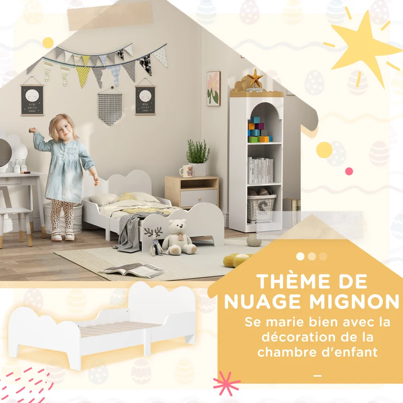 Lit enfant au sol 143.5 x 74.5 x 56 cm barrières de sécurité sommier à lattes inclus design nuage épuré en MDF blanc 21_0000250