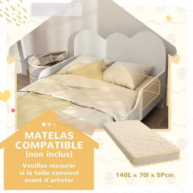 Lit enfant au sol 143.5 x 74.5 x 56 cm barrières de sécurité sommier à lattes inclus design nuage épuré en MDF blanc 21_0000250