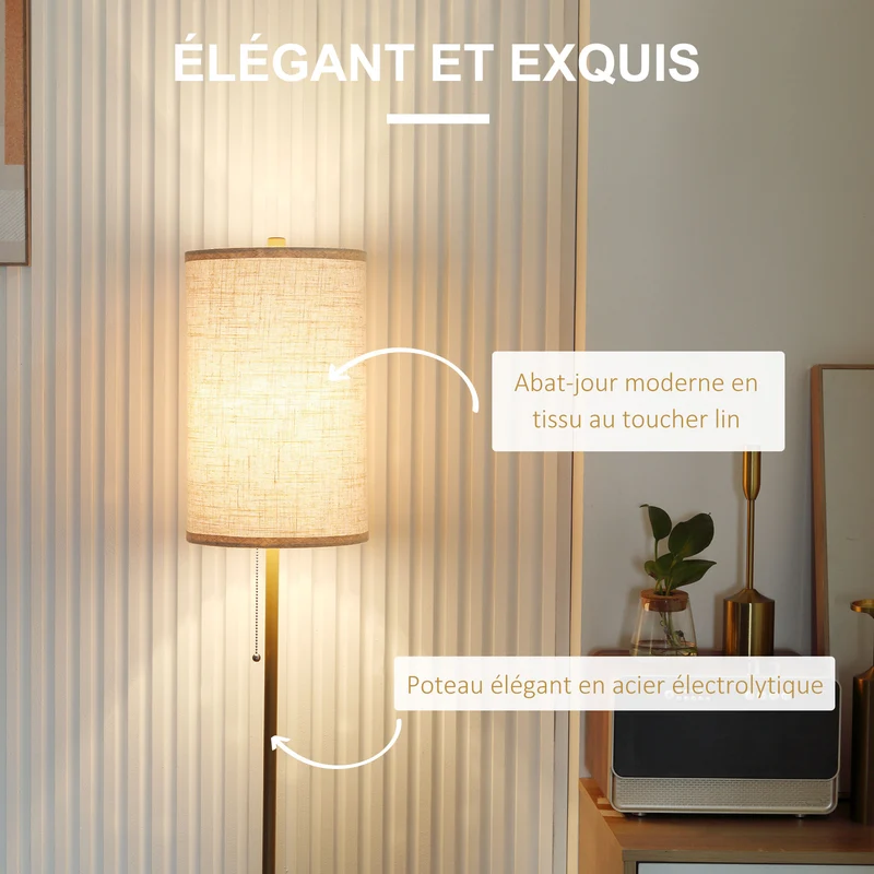 Lampadaire pied mât élancé salon 25.5 x 25.5 x 157 cm lumière douce ambiance cosy design contemporain en acier doré 21_0007026