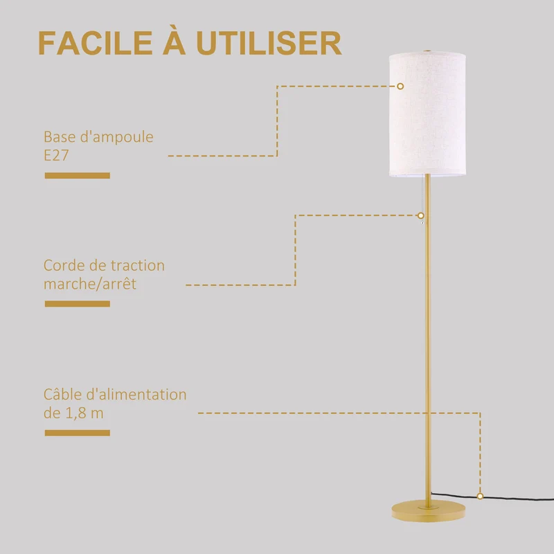 Lampadaire pied mât élancé salon 25.5 x 25.5 x 157 cm lumière douce ambiance cosy design contemporain en acier doré 21_0007026