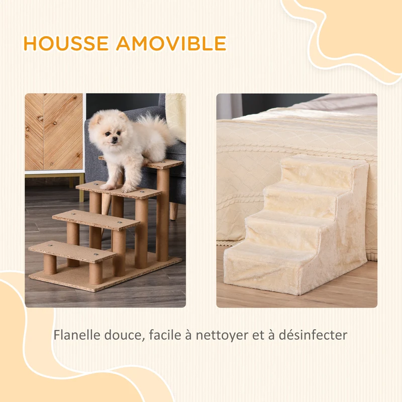 Escalier pour animaux 60 x 35 x 44 cm aide montée canapé lit antidérapant scandinave en panneau de particules beige 21_0007406