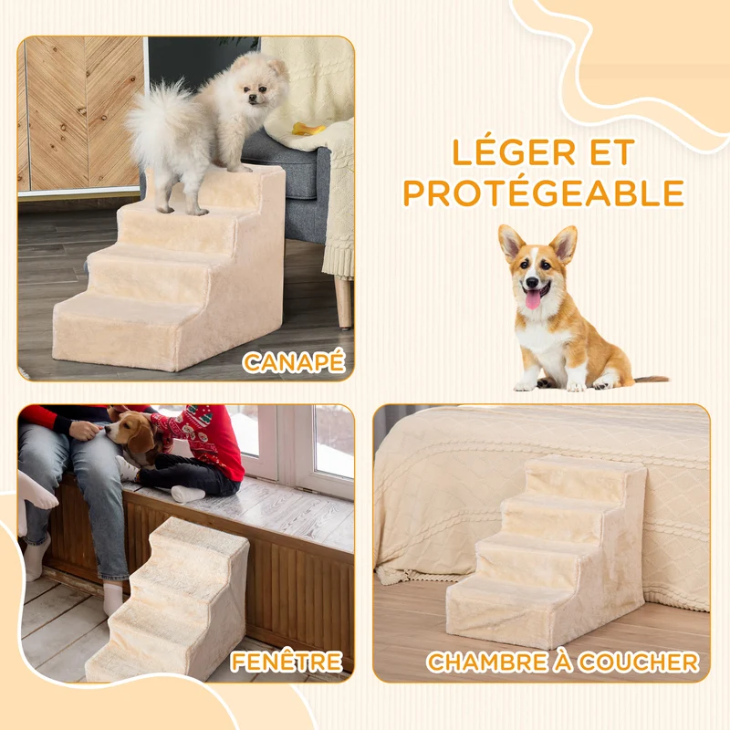 Escalier pour animaux 60 x 35 x 44 cm aide montée canapé lit antidérapant scandinave en panneau de particules beige 21_0007406