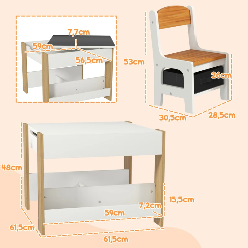 Ensemble table et 2 chaises enfant 62 x 62 x 48 cm plateau réversible rangement pratique style moderne en MDF blanc 21_0000207