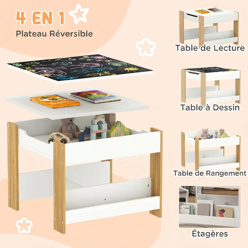 Ensemble table et 2 chaises enfant 62 x 62 x 48 cm plateau réversible rangement pratique style moderne en MDF blanc 21_0000207
