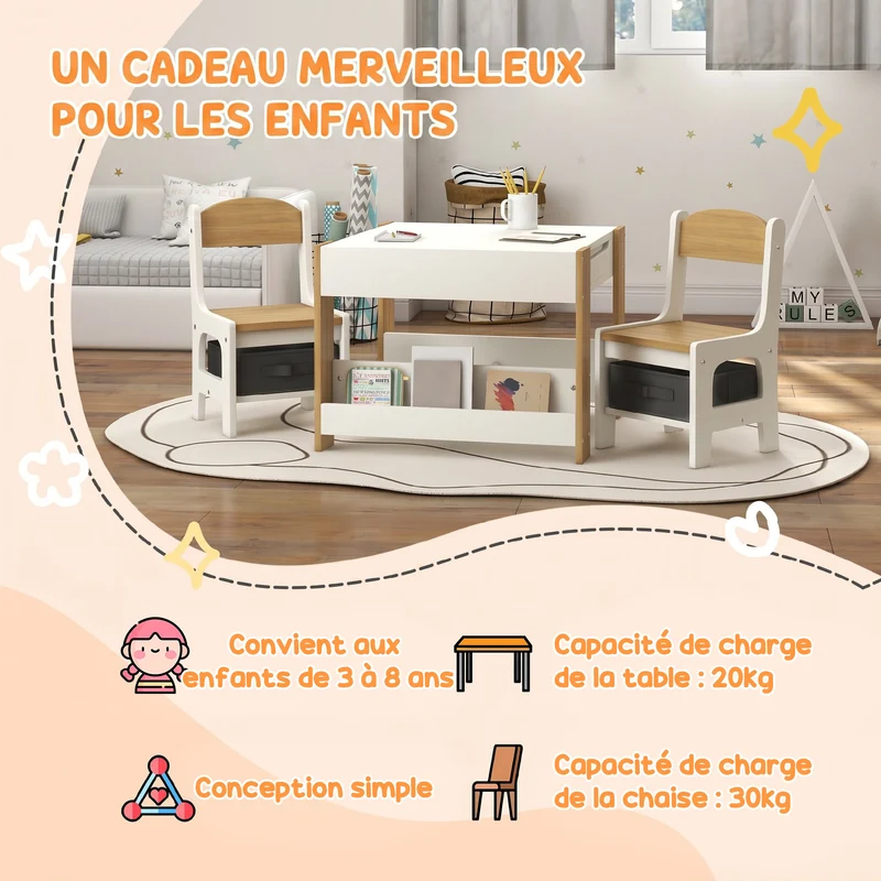 Ensemble table et 2 chaises enfant 62 x 62 x 48 cm plateau réversible rangement pratique style moderne en MDF blanc 21_0000207