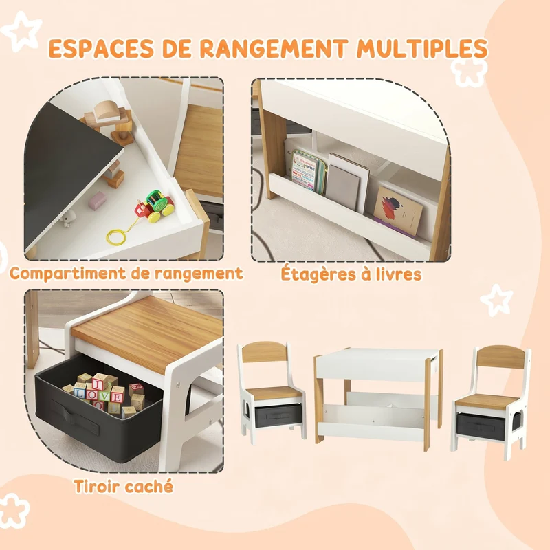 Ensemble table et 2 chaises enfant 62 x 62 x 48 cm plateau réversible rangement pratique style moderne en MDF blanc 21_0000207