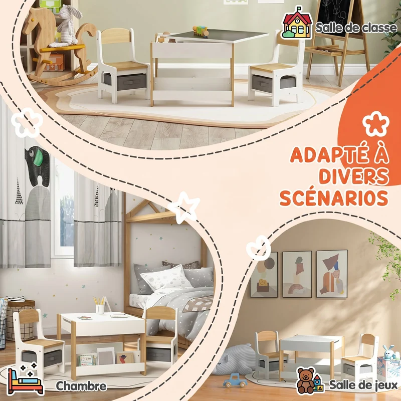 Ensemble table et 2 chaises enfant 62 x 62 x 48 cm plateau réversible rangement pratique style moderne en MDF blanc 21_0000207