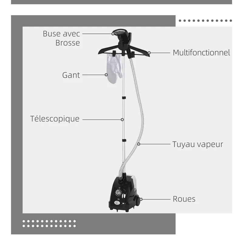 Défroisseur vapeur vertical vêtements 26 x 21,5 x 29 cm 11 températures préchauffage 38s design contemporain en abs noir 21_0005951