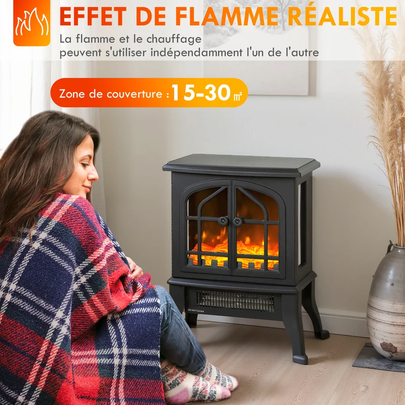 Cheminée électrique décorative 39 x 24 x 48 cm chauffage 900 1800w flamme 3d ambiance cosy contemporain en plastique noir 21_0001150