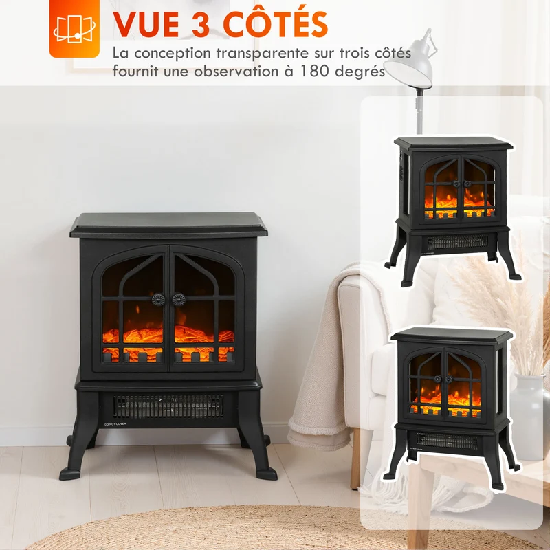 Cheminée électrique décorative 39 x 24 x 48 cm chauffage 900 1800w flamme 3d ambiance cosy contemporain en plastique noir 21_0001150