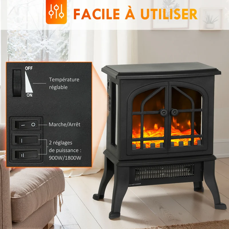 Cheminée électrique décorative 39 x 24 x 48 cm chauffage 900 1800w flamme 3d ambiance cosy contemporain en plastique noir 21_0001150