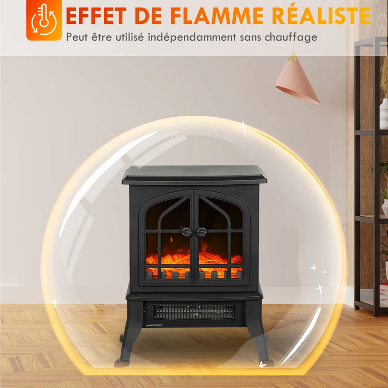 Cheminée électrique décorative 39 x 24 x 48 cm chauffage 900 1800w flamme 3d ambiance cosy contemporain en plastique noir 21_0001150