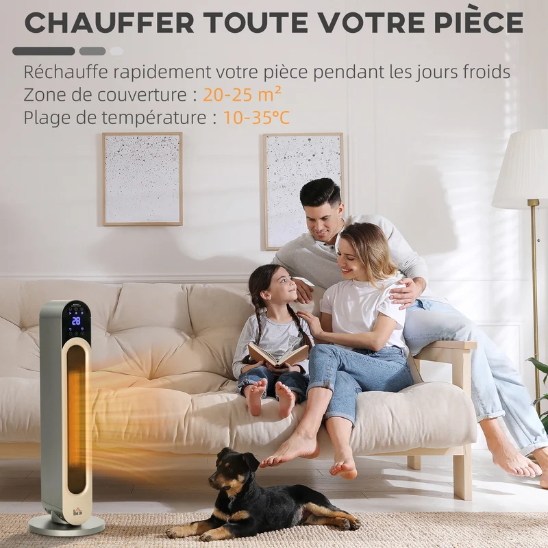 Chauffage soufflant oscillant colonne 25 x 73,5 cm d'appoint rapide télécommande minuterie moderne épuré en abs argent 21_0001126