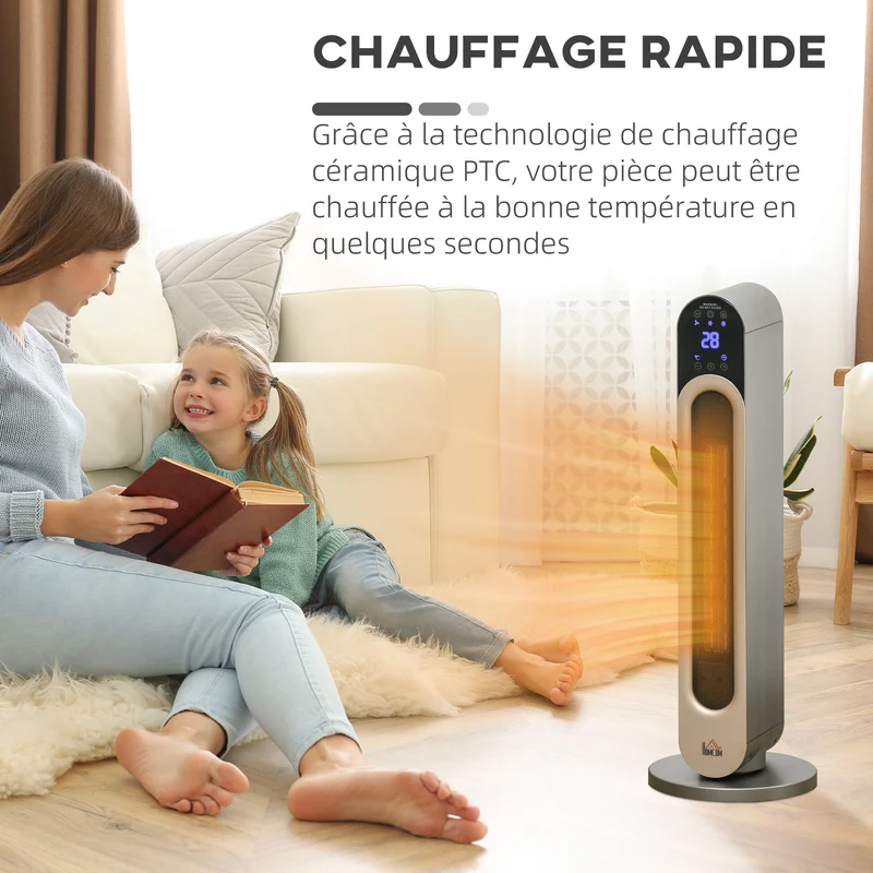 Chauffage soufflant oscillant colonne 25 x 73,5 cm d'appoint rapide télécommande minuterie moderne épuré en abs argent 21_0001126
