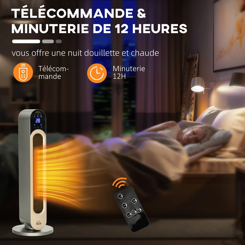 Chauffage soufflant oscillant colonne 25 x 73,5 cm d'appoint rapide télécommande minuterie moderne épuré en abs argent 21_0001126