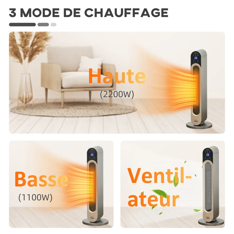 Chauffage soufflant oscillant colonne 25 x 73,5 cm d'appoint rapide télécommande minuterie moderne épuré en abs argent 21_0001126