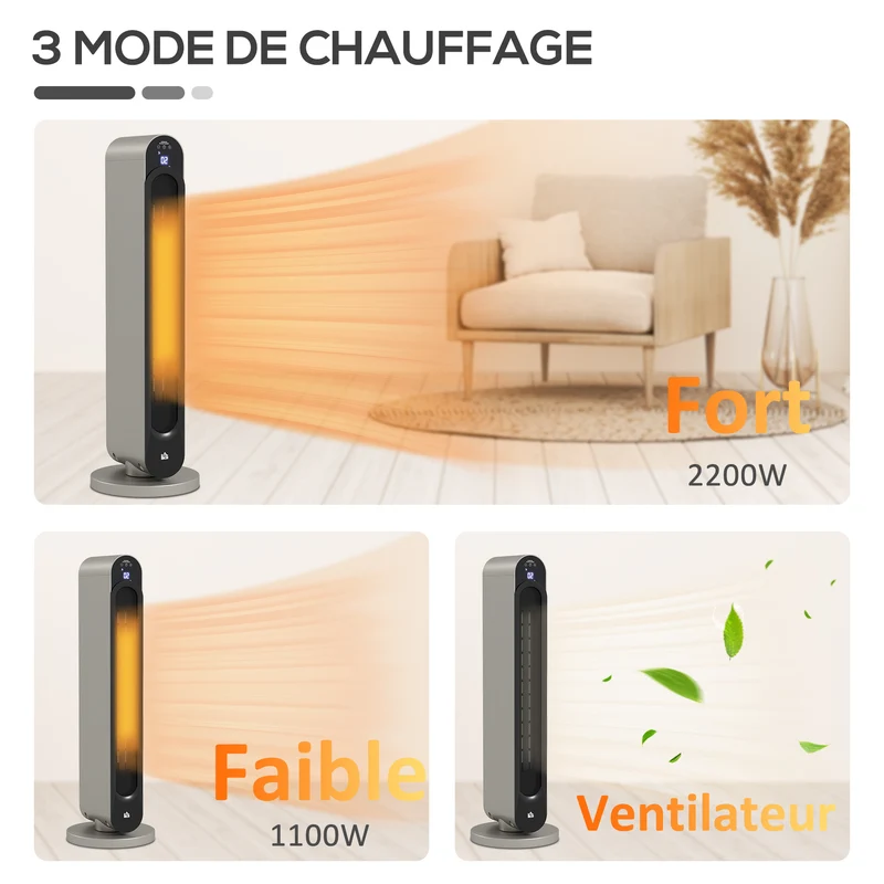 Chauffage soufflant colonne 25 x 25 x 73.5 cm chauffage rapide minuterie 12h salon bureau moderne en plastique argent 21_0001127
