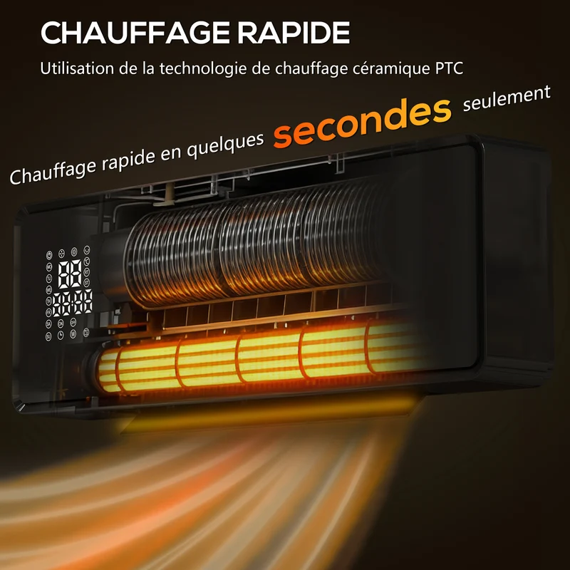 Chauffage mural soufflant salon 54 x 18,7 x 12,3 cm programmable thermostat économique moderne épuré en céramique noire 21_0001143