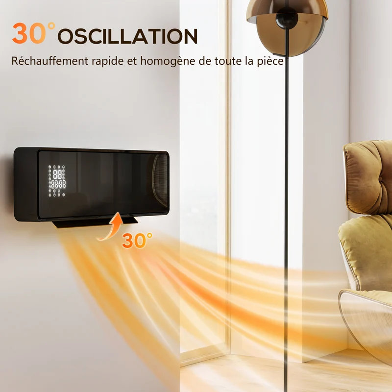 Chauffage mural soufflant salon 54 x 18,7 x 12,3 cm programmable thermostat économique moderne épuré en céramique noire 21_0001143